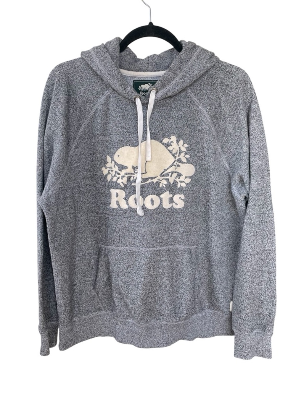 Roots Grey Crewneck Kanga Popover Hoodie with Cream Logo XL